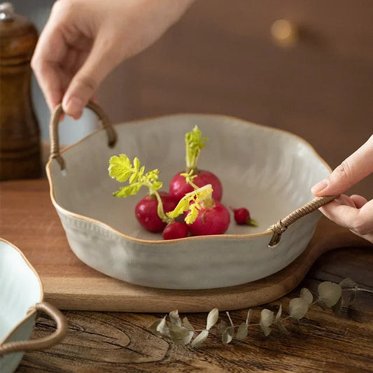 Retro Clay Serving Bowl with Handles in a rustic setting, perfect for serving soups, salads, or as a centerpiece.