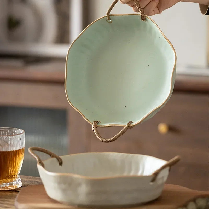 Retro Clay Serving Bowl with Handles in a rustic setting, perfect for serving soups, salads, or as a centerpiece.