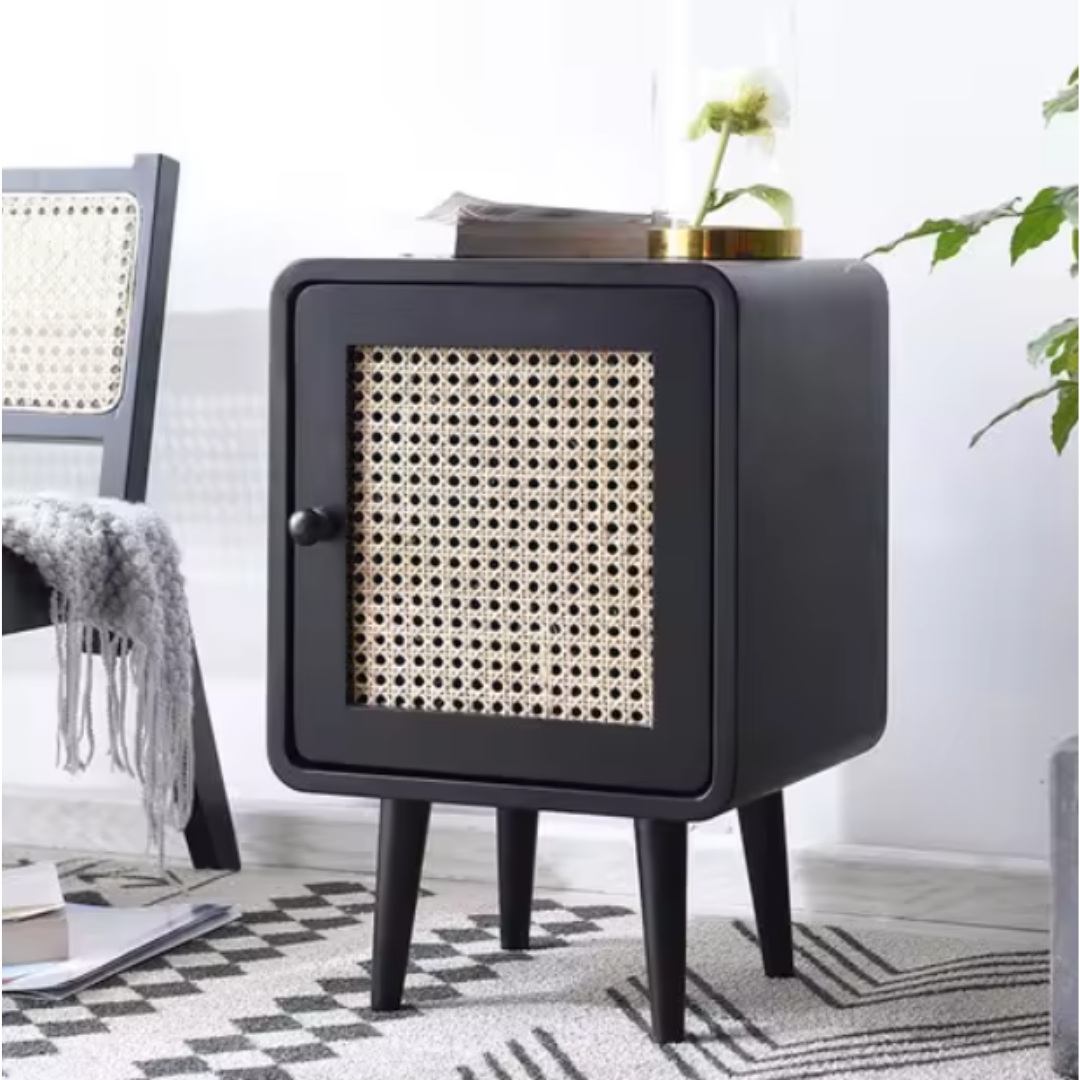 Retro-inspired mini storage cabinet with natural rattan front and sleek legs, perfect for adding style and storage to any room in your home.