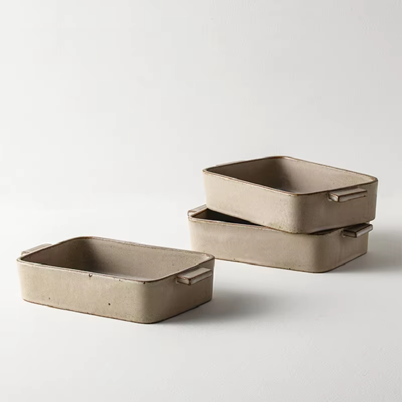 Rustic stoneware baking dish for cooking and serving meals