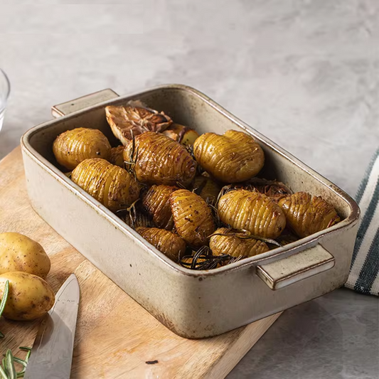 Rustic stoneware baking dish for cooking and serving meals