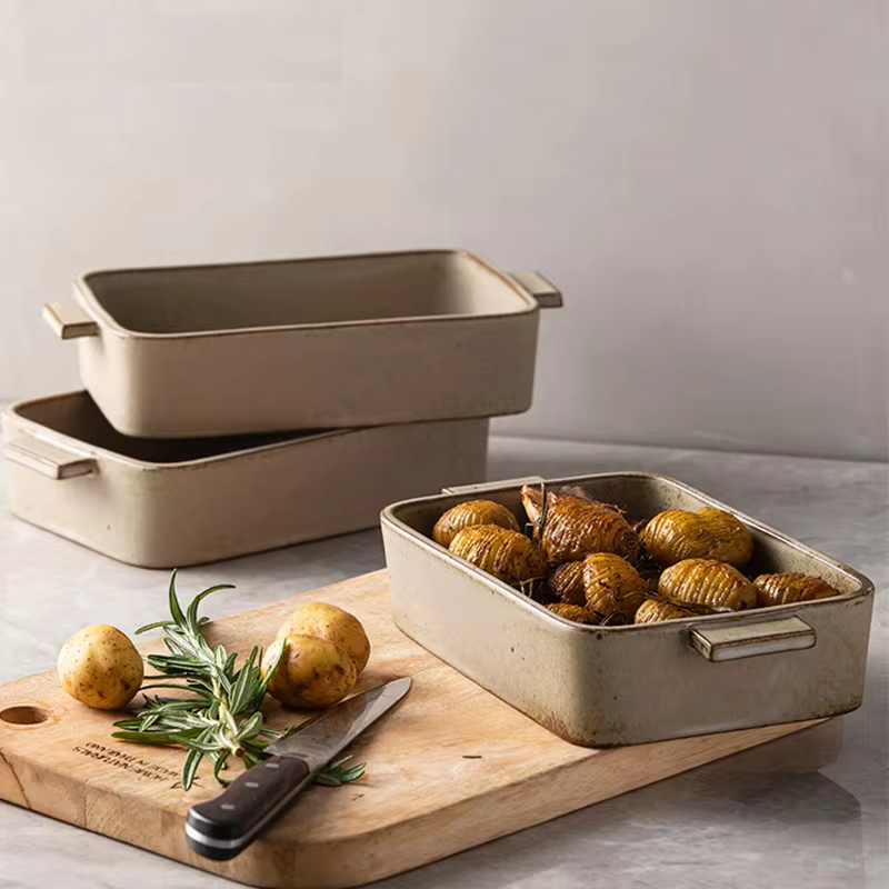 Rustic stoneware baking dish for cooking and serving meals