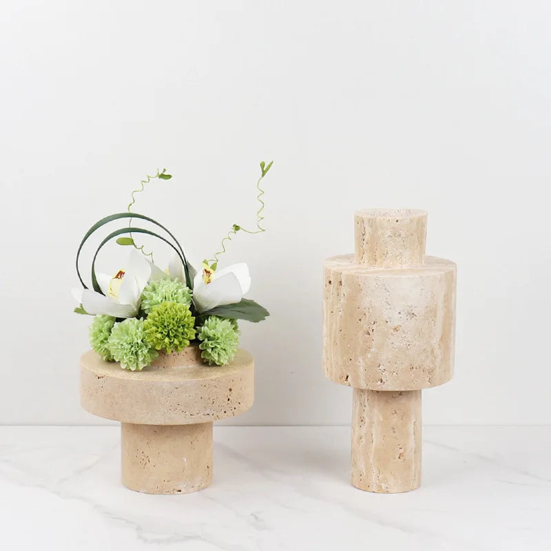 Elegant Sandy Charm Travertine Vase with natural stone texture.