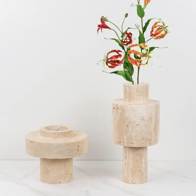 Elegant Sandy Charm Travertine Vase with natural stone texture.