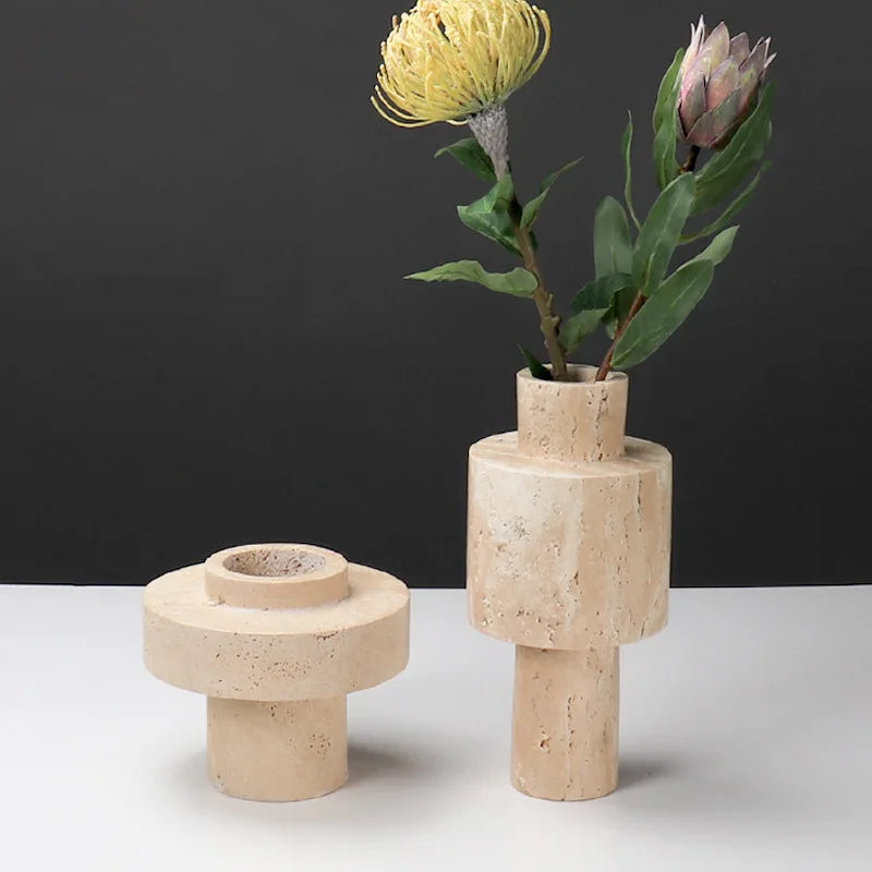 Elegant Sandy Charm Travertine Vase with natural stone texture.