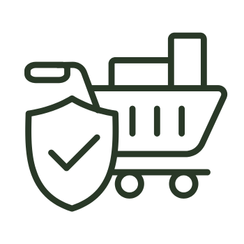 A shopping cart icon with a shield and a checkmark inside, symbolizing secure online shopping.