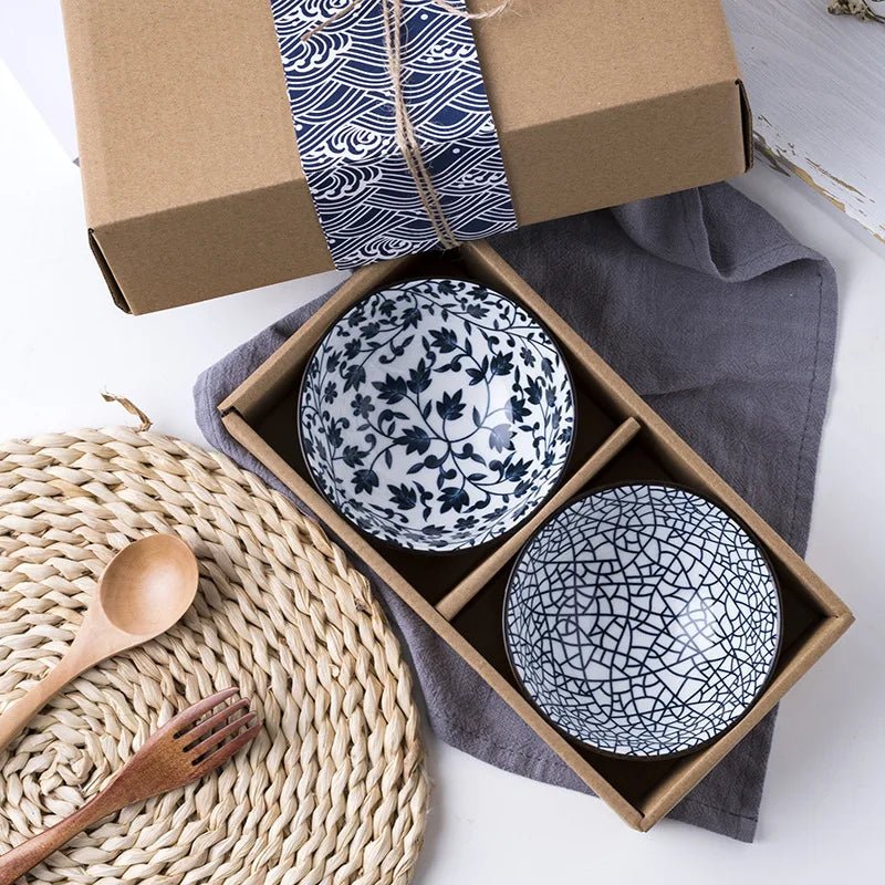 Japanese Appetizer and Dessert Bowl Set with two bowls neatly arranged inside a decorative box.