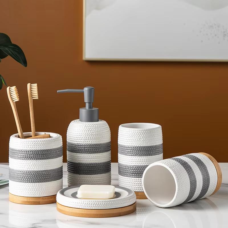 Sleek Design Ceramic Bathroom Set - 5 pieces, featuring a modern and elegant design.