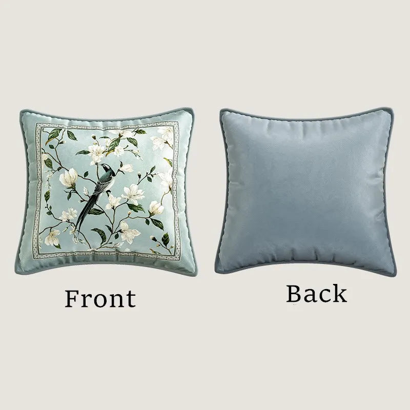 Soft velvet cushion cover with delicate oriental flower and bird prints. Timeless design in neutral tones, perfect for adding a subtle, stylish touch to any space.