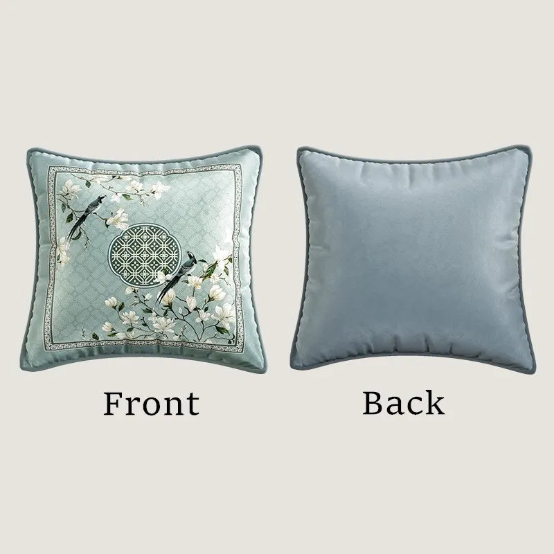 Soft velvet cushion cover with delicate oriental flower and bird prints. Timeless design in neutral tones, perfect for adding a subtle, stylish touch to any space.