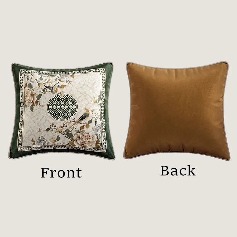 Soft velvet cushion cover with delicate oriental flower and bird prints. Timeless design in neutral tones, perfect for adding a subtle, stylish touch to any space.