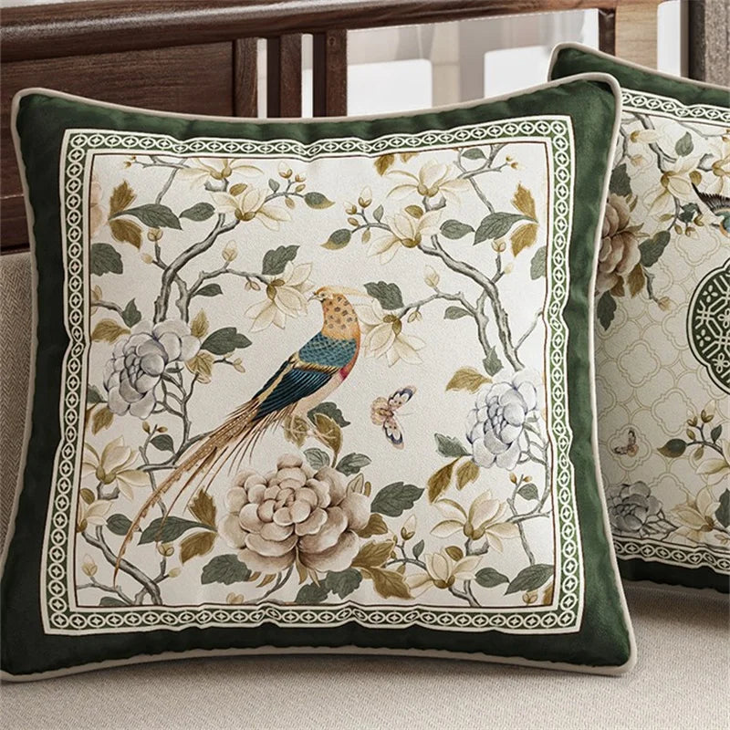 Soft velvet cushion cover with delicate oriental flower and bird prints. Timeless design in neutral tones, perfect for adding a subtle, stylish touch to any space.