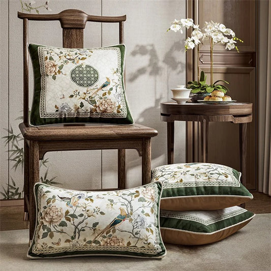 Soft velvet cushion cover with delicate oriental flower and bird prints. Timeless design in neutral tones, perfect for adding a subtle, stylish touch to any space.