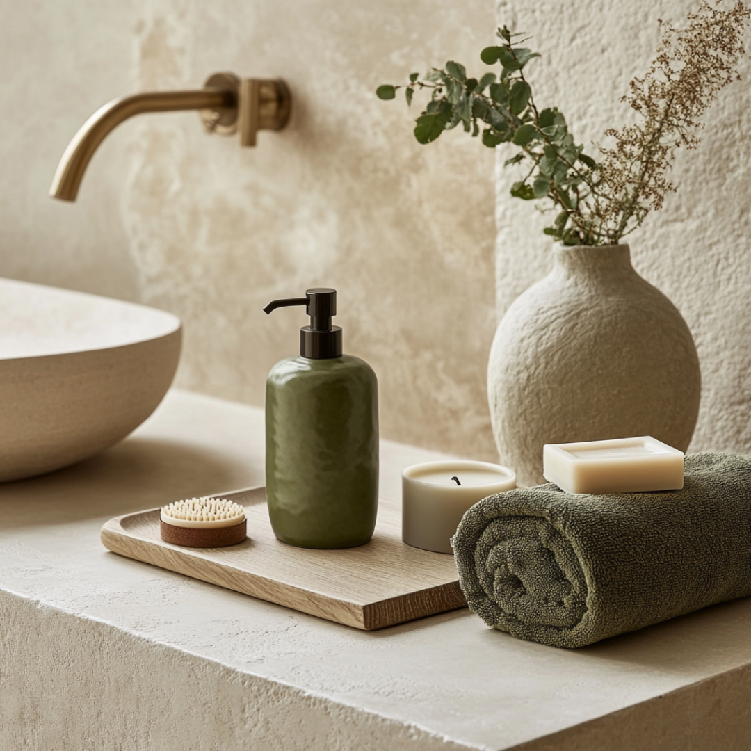 Spa-inspired bathroom decor featuring a ceramic sink, gold faucet, green soap dispenser, vase with eucalyptus, candle, soap, wooden tray, and a green towel.