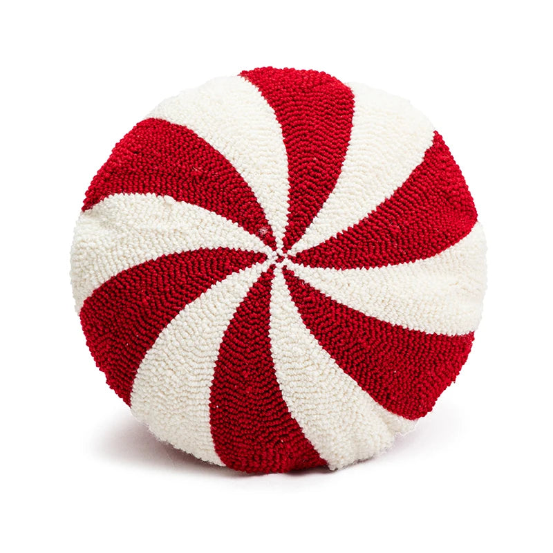 soft candy cane-shaped pillows with red and white stripes.