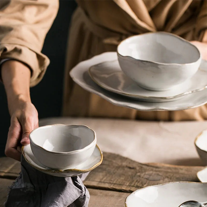 Stone-Inspired Design Tableware Set on Dining Wooden Table