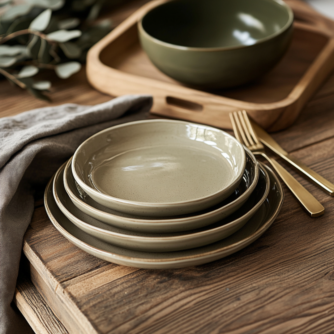 Olive-green stoneware dinnerware set consisting of plates, bowls, and a serving tray, arranged on a wooden table.