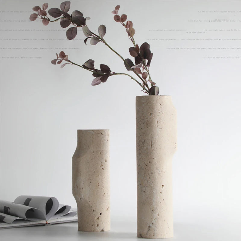 Contemporary travertine marble vase with beige tones, blending rustic simplicity and elegance, perfect for home decor.