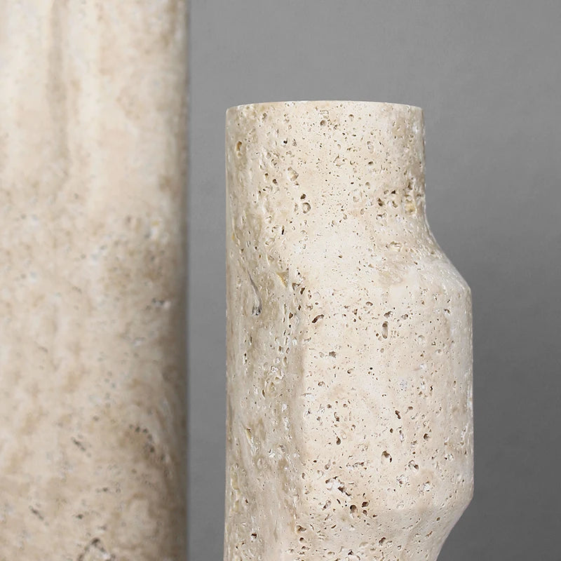 Contemporary travertine marble vase with beige tones, blending rustic simplicity and elegance, perfect for home decor.