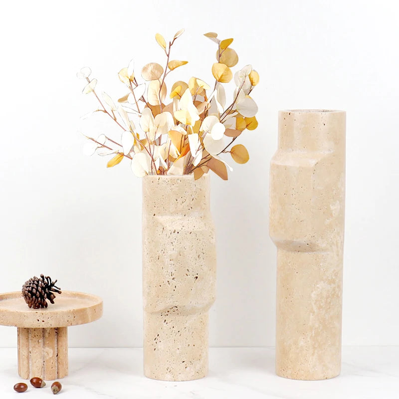 Contemporary travertine marble vase with beige tones, blending rustic simplicity and elegance, perfect for home decor.