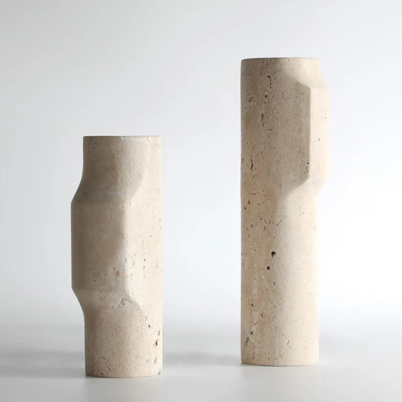 Contemporary travertine marble vase with beige tones, blending rustic simplicity and elegance, perfect for home decor.