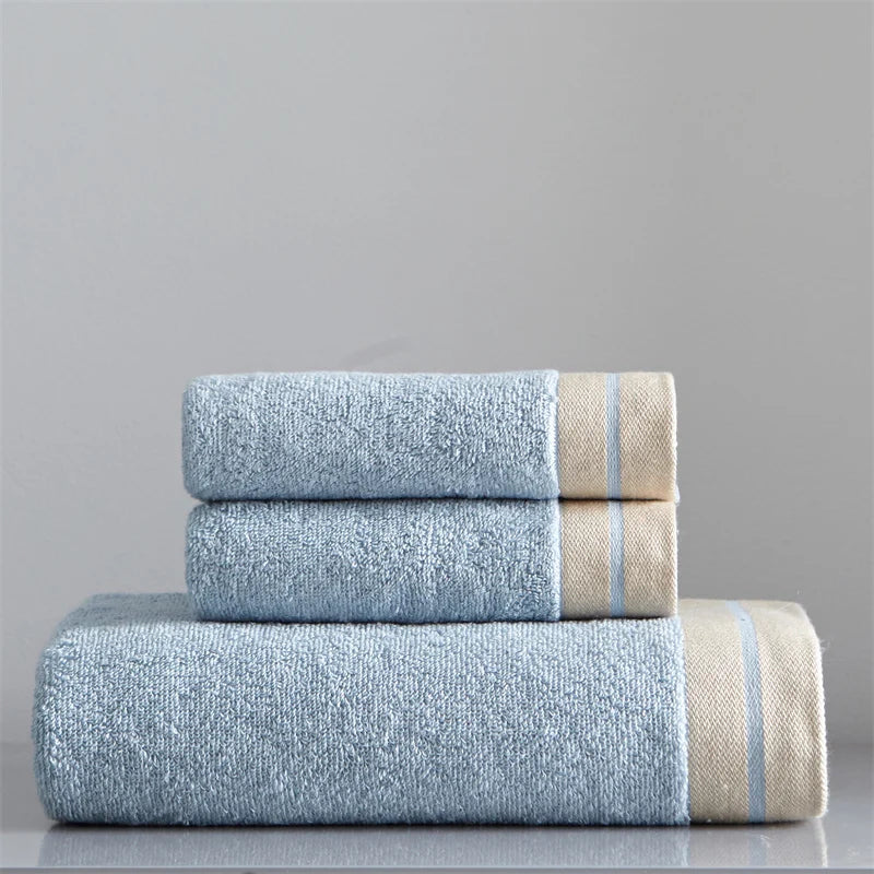 Luxury organic cotton towels 3 piece set in light blue, featuring soft, absorbent, eco-friendly materials