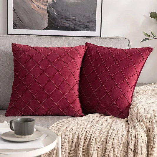 Red velvet cushion cover with diamond pattern for stylish home décor.