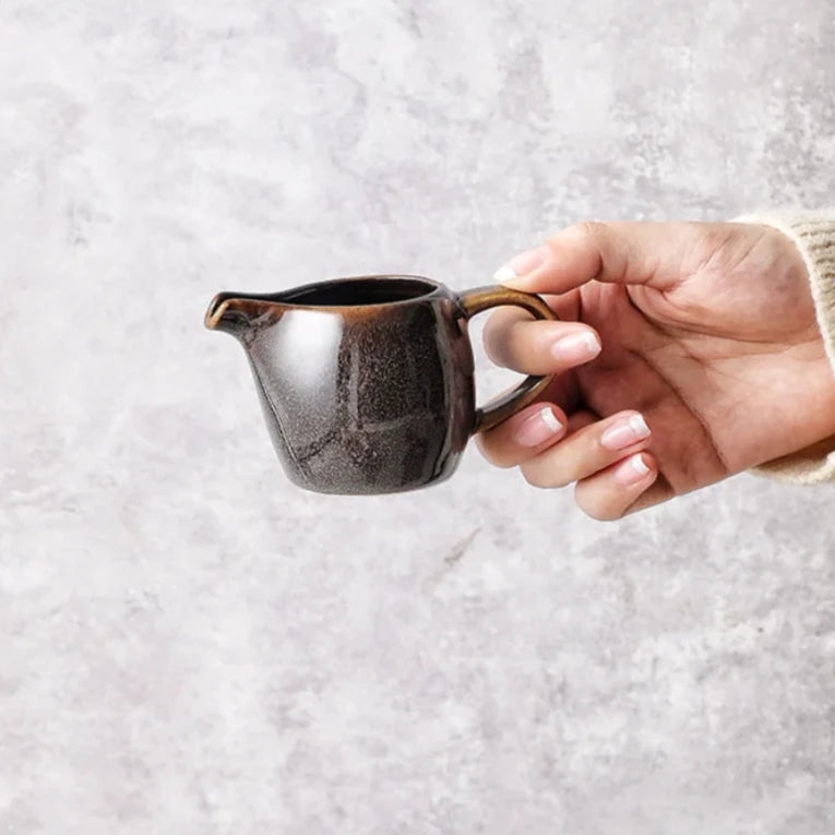 Asian style ceramic mini gravy boat in red, mushroom beige, blue, and dark taupe – perfect for milk or sauces.