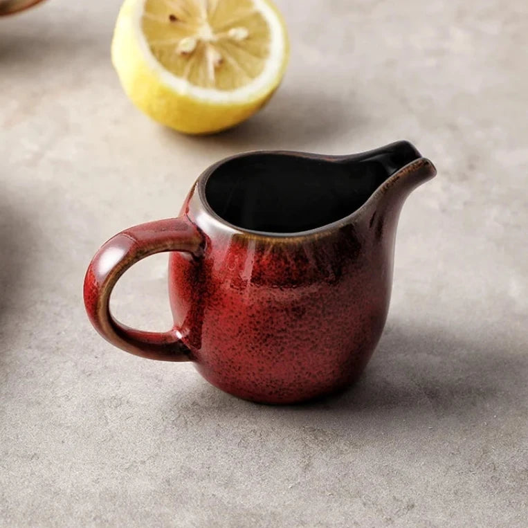 Asian style ceramic mini gravy boat in red, mushroom beige, blue, and dark taupe – perfect for milk or sauces.