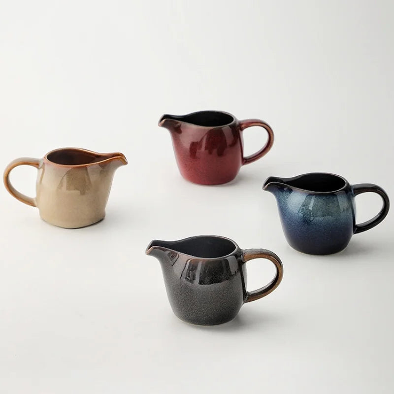 Asian style ceramic mini gravy boat in red, mushroom beige, blue, and dark taupe – perfect for milk or sauces.