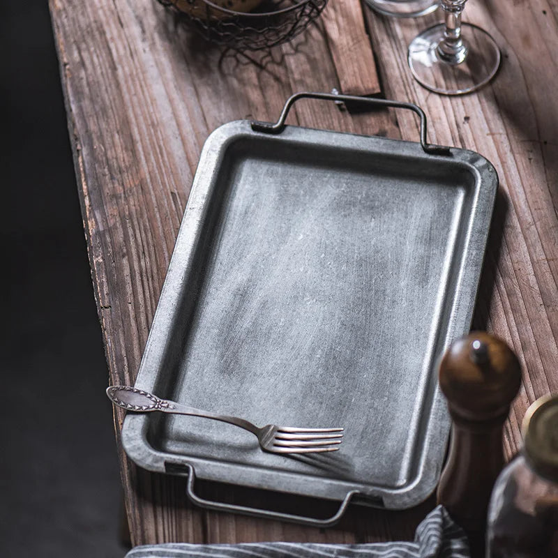 Vintage Metal Tray Antique - Gray tray with rustic charm, perfect for home decor