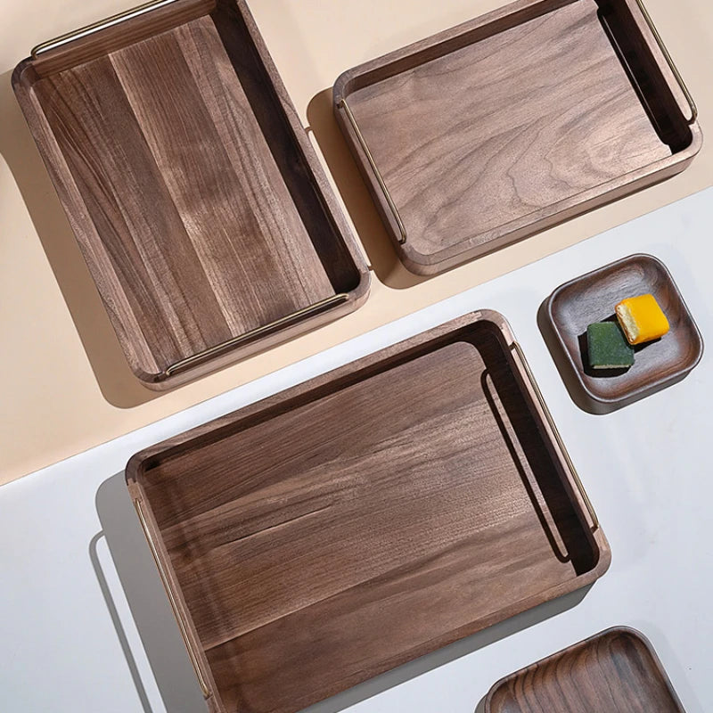 Vintage Walnut Trays with Golden Steel Holders, crafted from solid walnut wood. Available in multiple sizes, perfect for serving or as decorative pieces, blending rustic charm with a modern touch.