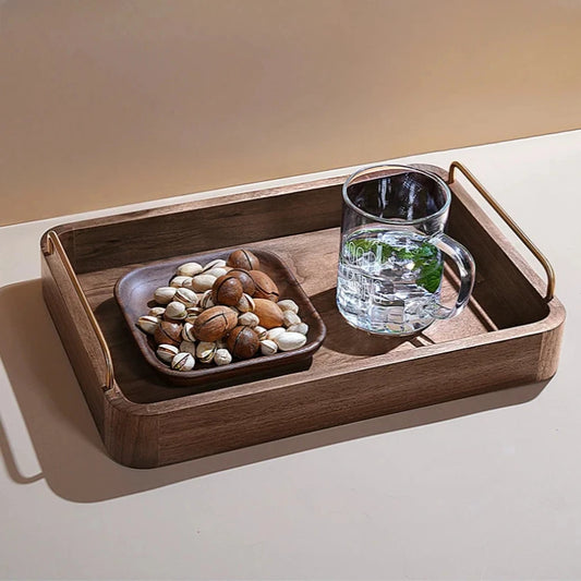 Vintage Walnut Trays with Golden Steel Holders, crafted from solid walnut wood. Available in multiple sizes, perfect for serving or as decorative pieces, blending rustic charm with a modern touch.