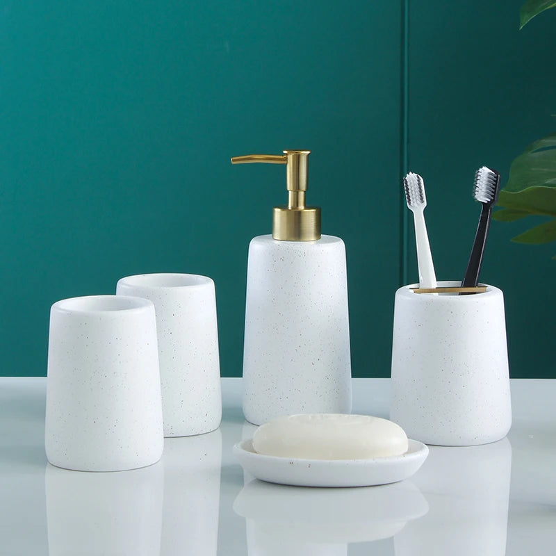 Elegant Resin Bath Accessories Set for Modern Bathroom Decor - Includes Soap Dispenser, Toothbrush Holder, and Tray