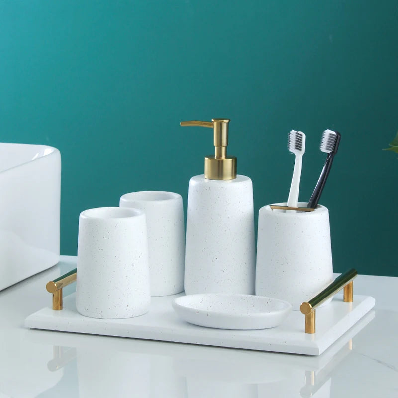 Elegant Resin Bath Accessories Set for Modern Bathroom Decor - Includes Soap Dispenser, Toothbrush Holder, and Tray