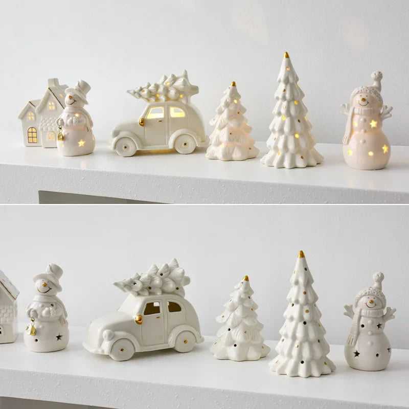 A cosy Christmas-themed Winter Wonderland Ornament Set, glowing with soft light, capturing the festive spirit with each detailed piece.